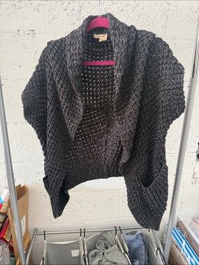 DKNY Cozy Open-Front Chunky Cardigan Sweater - Charcoal Gray - Size Medium
